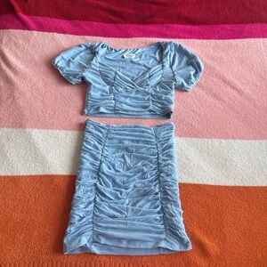 Light Blue Ruched Crop Top & Skirt Set